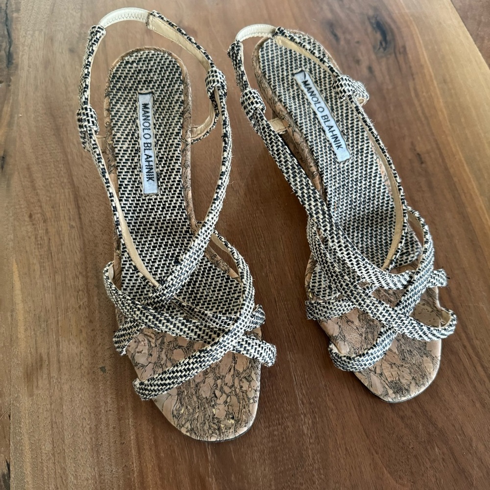 Manolo Blahnik black and white cork wedge sandals